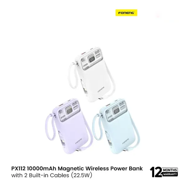 FONENG PX112 10000mAh Mini 22.5W Magnetic Wireless Power Bank with 2 Built-in Cables